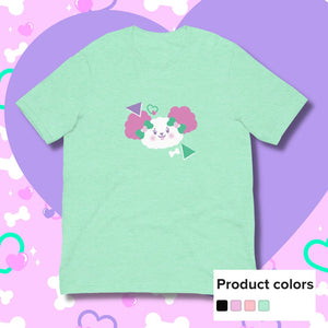 Mint green t-shirt featuring white dog artwork with pink ears
