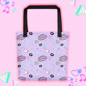tote bag with pink barbie boombox print