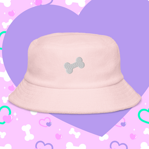 pink terry bucket hat with embroidered white bone