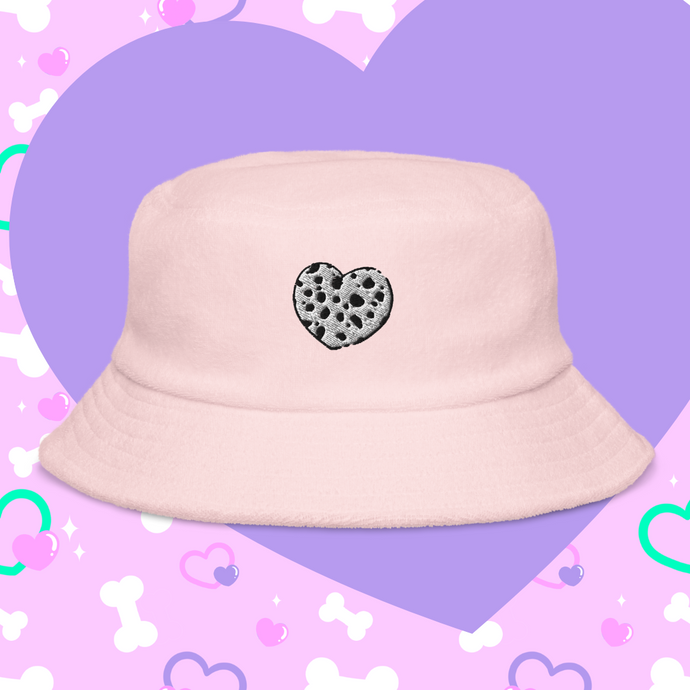 pink terry bucket hat with embroidered dalmation heart