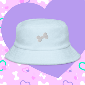blue terry bucket hat with embroidered white bone