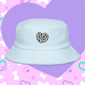 blue terry bucket hat with embroidered dalmation heart