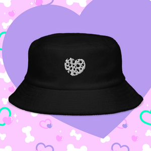 black terry bucket hat with embroidered dalmation heart
