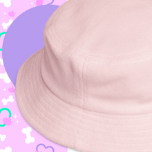 Load image into Gallery viewer, brim of pink terry bucket hat with embroidered dalmation heart