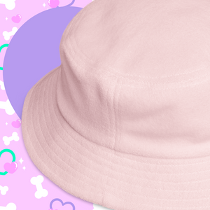brim of pink terry bucket hat with embroidered dalmation heart