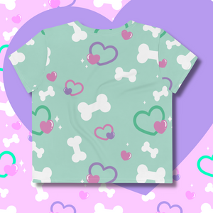 mint green crop top with bone and heart print