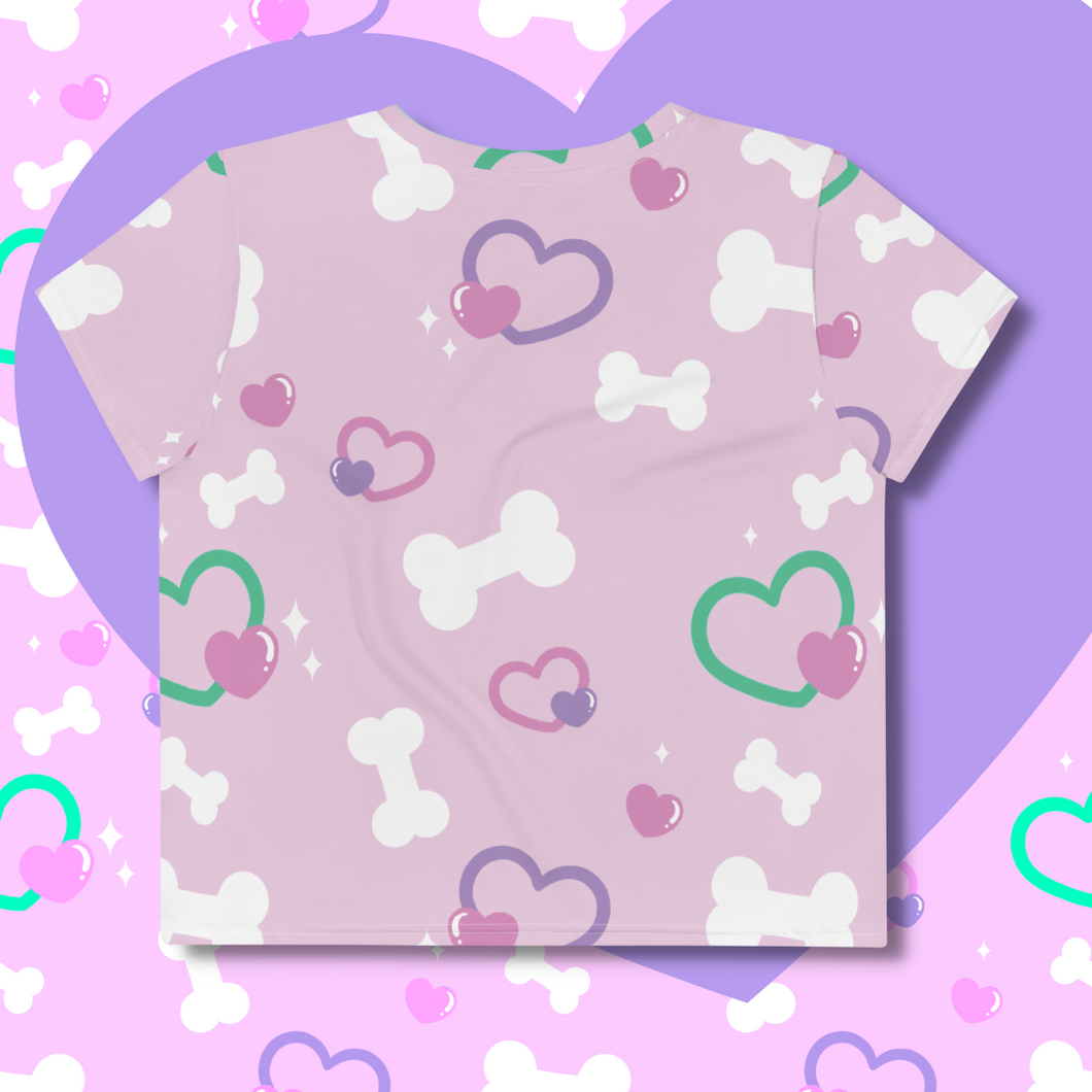 pink crop top with bone and heart print