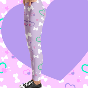 Side view of lavender leggings with bone and heart print on model