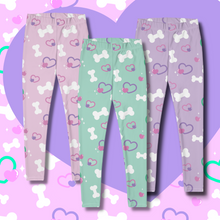 Load image into Gallery viewer, Pink, mint green, and lavender leggings with bone and heart print