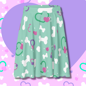 Mint green skater skirt with bone and heart print