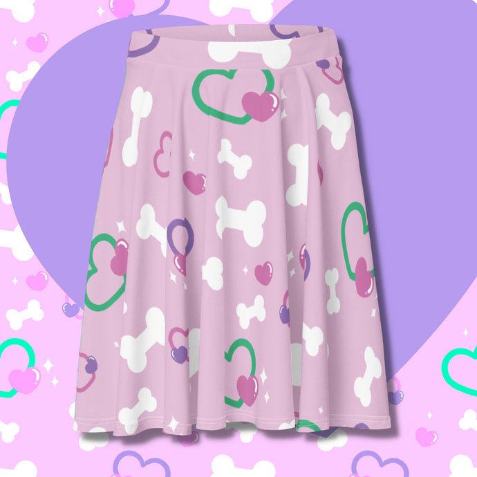 Pink skater skirt with bone and heart print