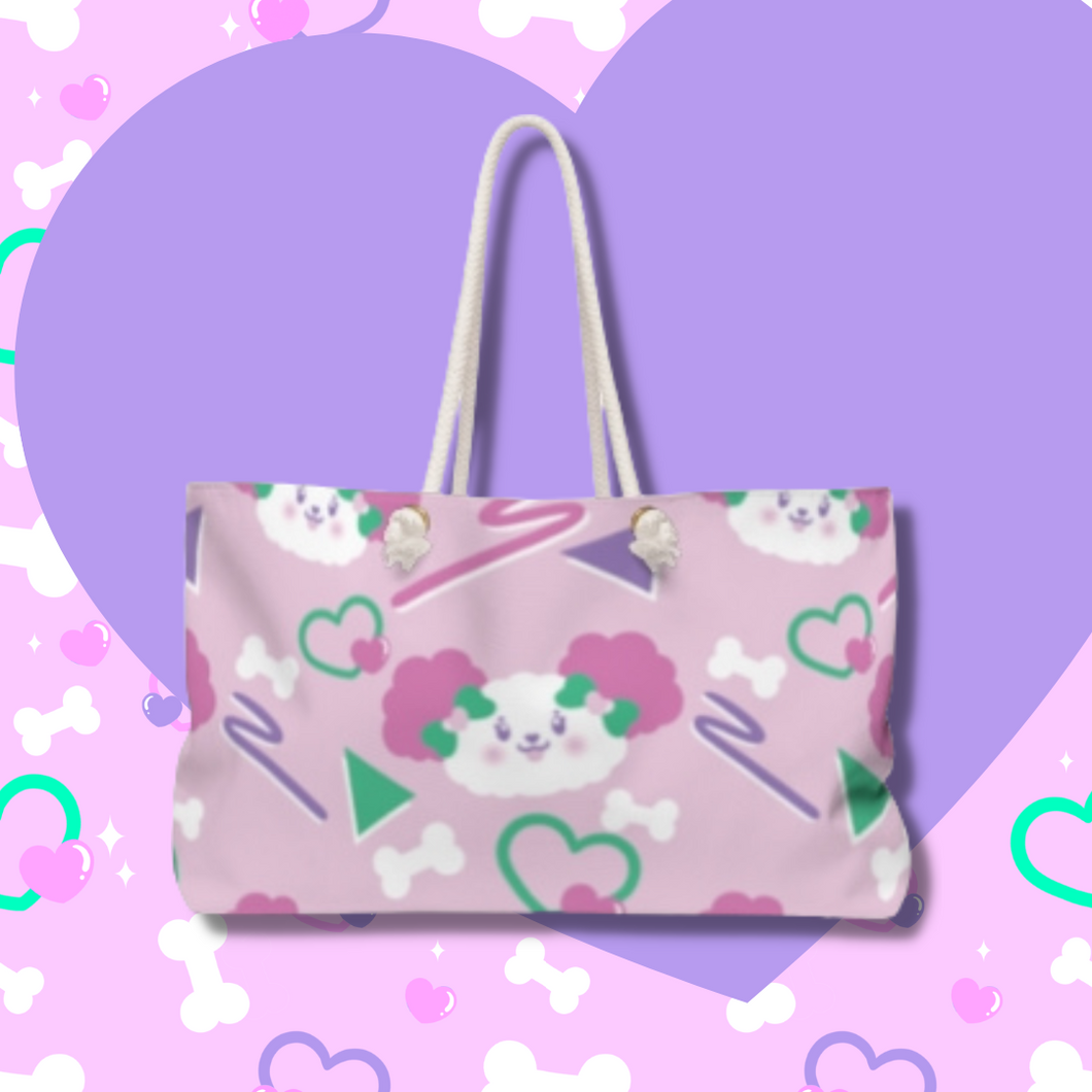 pink tote bag with dog print and 90s motif