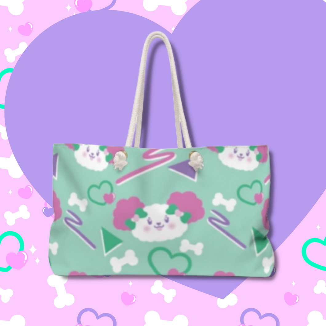 mint green tote bag with dog print and 90s motifs