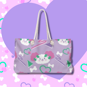 purple tote bag with white dog print and 90s motif