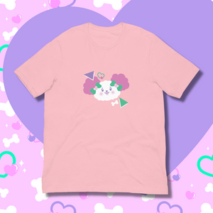 Pink t-shirt featuring white dog artwork with pink ears