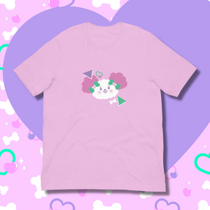 Lilac t-shirt featuring white dog artwork with pink ears