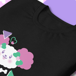Black t-shirt featuring white dog artwork with pink ears