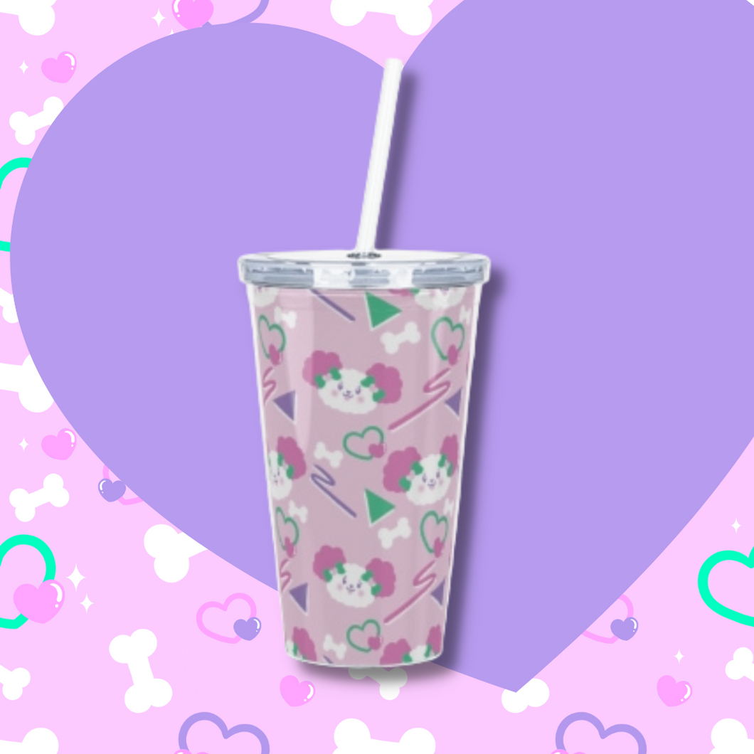 pink reusable tumbler with pink dog faces and 90s motifs