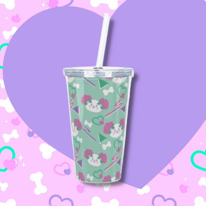 mint green reusable tumbler cup with dog print and 90s motifs