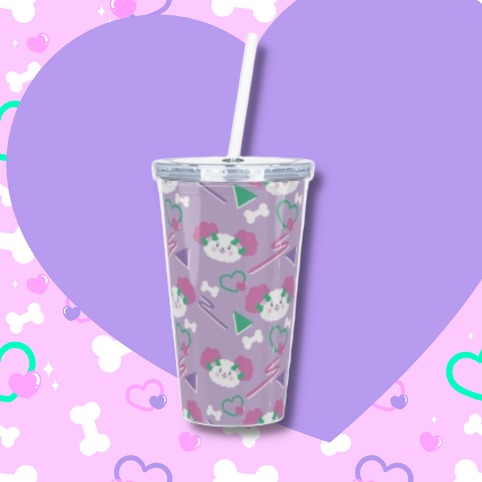 purple reusable tumbler with pink dog faces and 90s elements