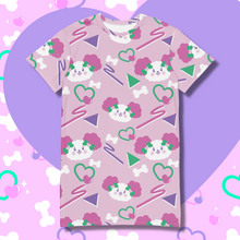 Load image into Gallery viewer, Pink t-shirt dress with pink eared dog faces and geometric shapes in pink and purple