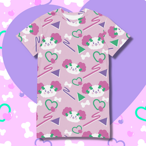Pink t-shirt dress with pink eared dog faces and geometric shapes in pink and purple