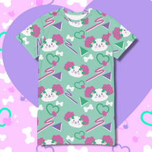 Load image into Gallery viewer, Mint green t-shirt dress with pink eared dog faces and geometric shapes in pink and purple