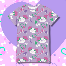 Load image into Gallery viewer, Lavender t-shirt dress with pink eared dog faces and geometric shapes in pink and purple