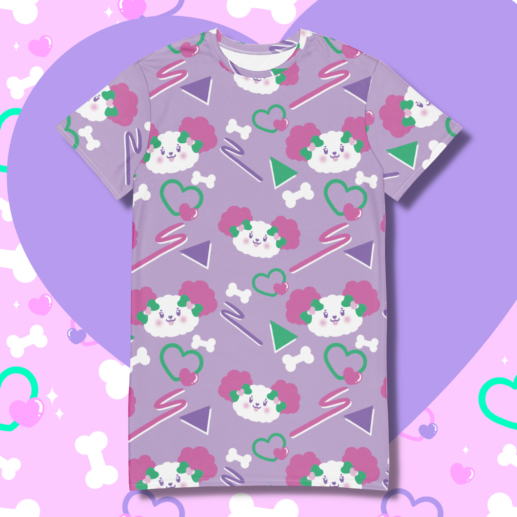 Lavender t-shirt dress with pink eared dog faces and geometric shapes in pink and purple