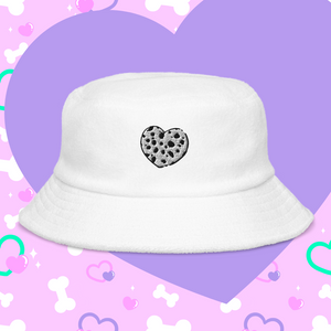 white terry bucket hat with embroidered dalmation heart
