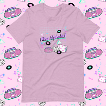 Load image into Gallery viewer, t-shirt with miss alphabet logo, pillows, and pink 90s barbie boombox print