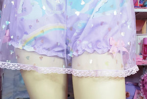 lavender sheer skirt with iridescent hearts, layered over lavender bloomers with rainbows
