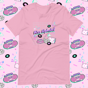 t-shirt with miss alphabet logo, pillows, and pink 90s barbie boombox print