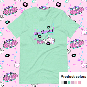 t-shirt with miss alphabet logo, pillows, and pink 90s barbie boombox print