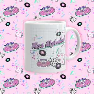 mug with pink miss alphabet barbie boombox logo motif