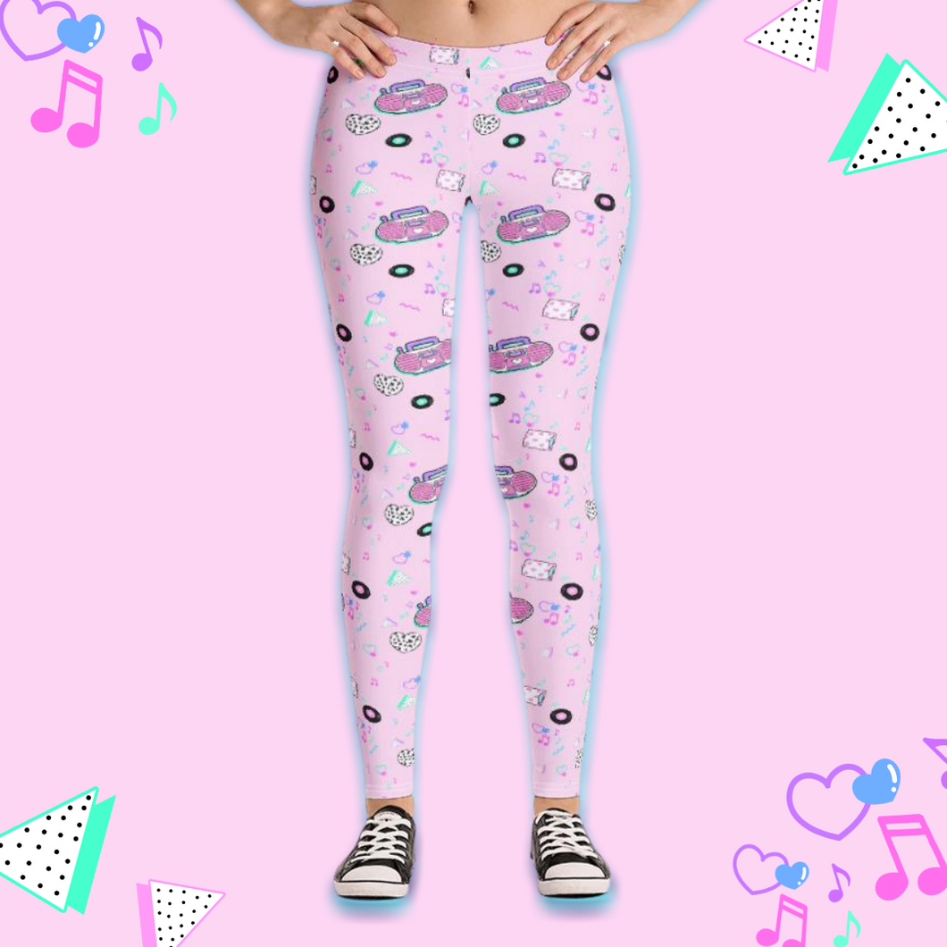 leggings with pink barbie boombox 90s print