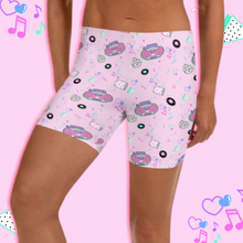 Load image into Gallery viewer, Pink boombox print on spandex biking shorts on a human model