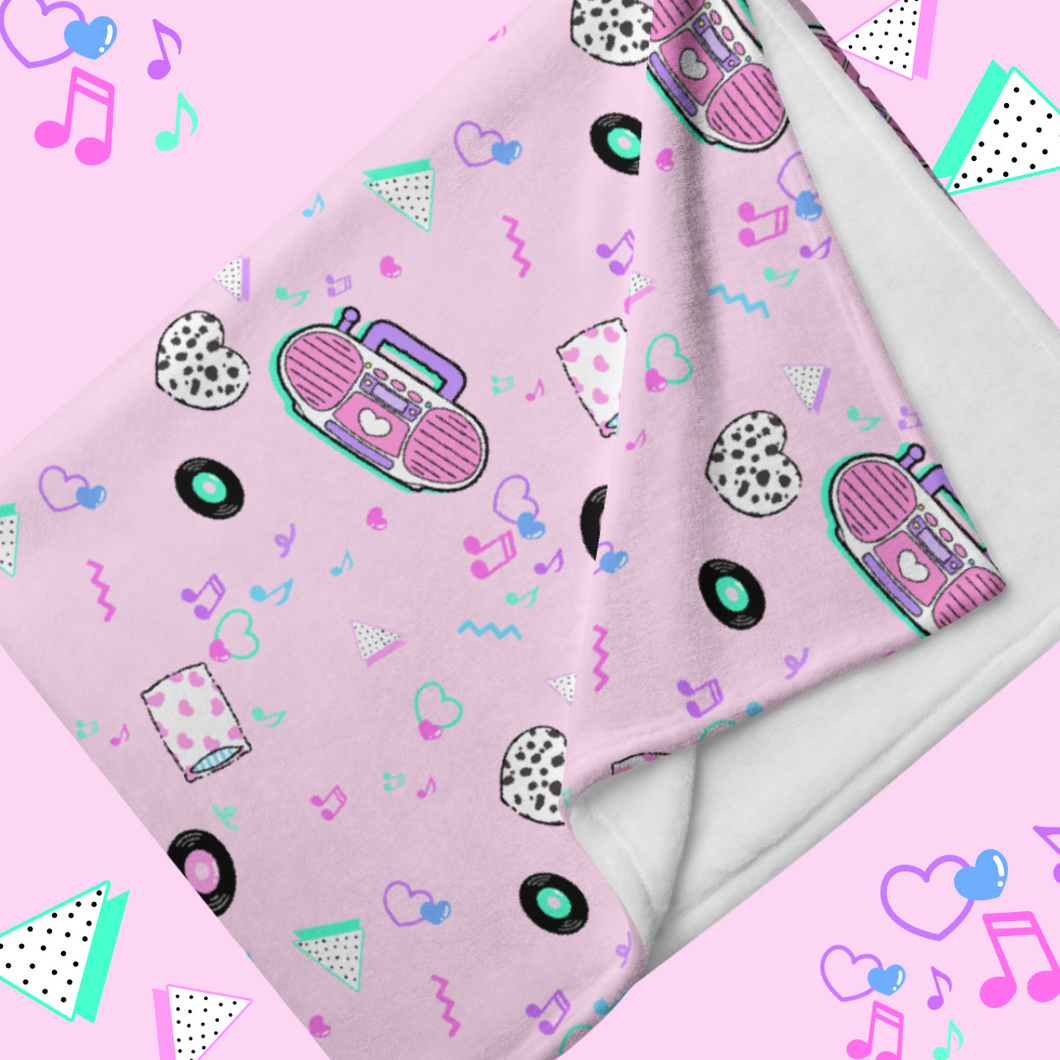 pink blanket with pink barbie boombox print